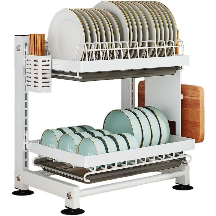 Двуетажна отцедник за съдове с подложка за отцеждане и отцедителна подложка, отцедник за съдове от неръждаема стомана с поставка за прибори, 40 см, бял