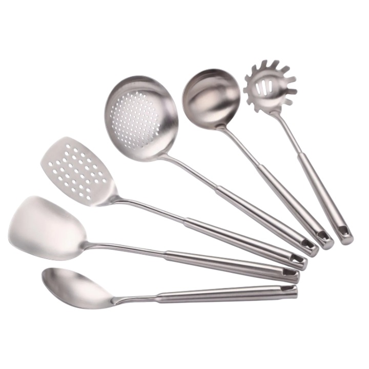 Set ustensile din inox pentru servit si gatit, 6 piese, turnate, rezistente, 27-38 cm