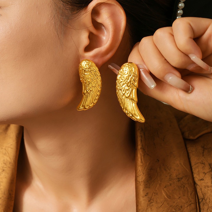 Cercei din otel titan cu plating aurit si argintiu, design aripa de pana, set, multicolor