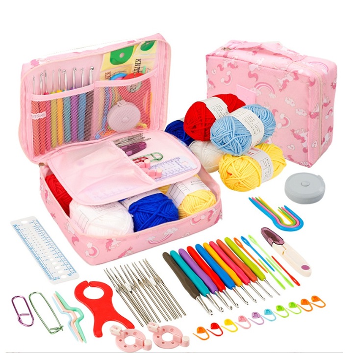 Rózsaszín horgolótű készlet kezdőknek, egy készlet, 59 darabos alumínium horgolótű készlet, ergonomikus kialakítás, könnyű és tartós, tárolótáskával, kezdőknek és haladóknak egyaránt alkalmas