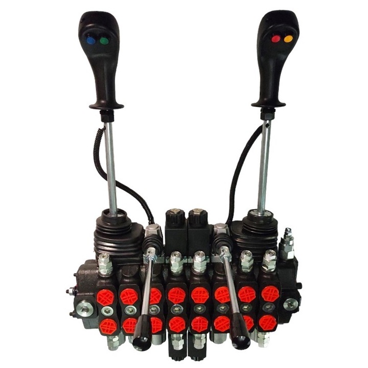 Насочен хидравличен разпределител с 8 секции, с две електрически секции при 12 Vdc, предназначен за приложения в горското стопанство