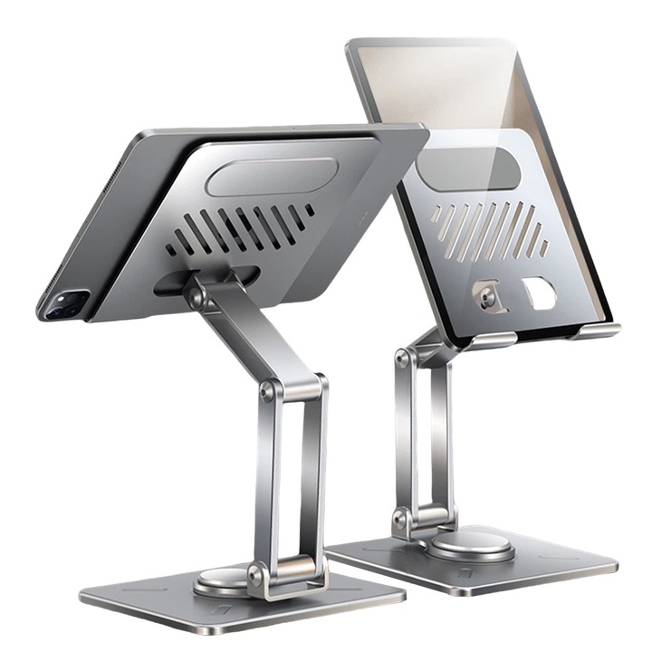 Suport pentru tableta Xundd, design din aliaj de aluminiu, rotire 360°, ajustare unghiuri, 4-15.9", argintiu