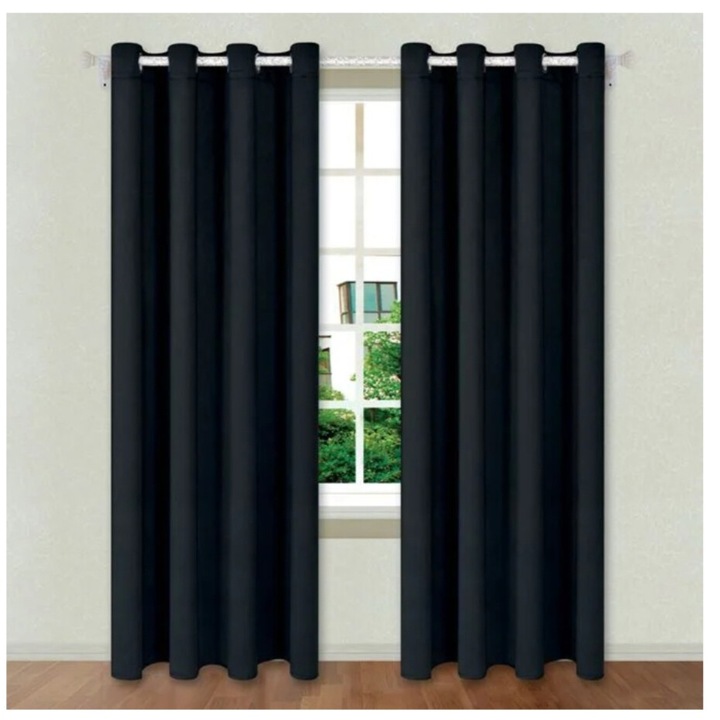 Set doua draperii cu inele metalice, Blackout, poliester, negru, 140x260cm