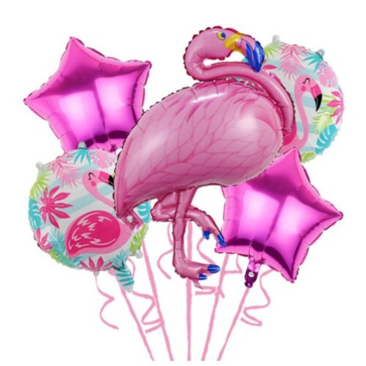 Парти балони за рожден ден, Flippy, алуминиево фолио и латекс, комплект от 5 парти балона Flamigo с 2 звезди, 2 кръгли балона, 60 -90 см, розови