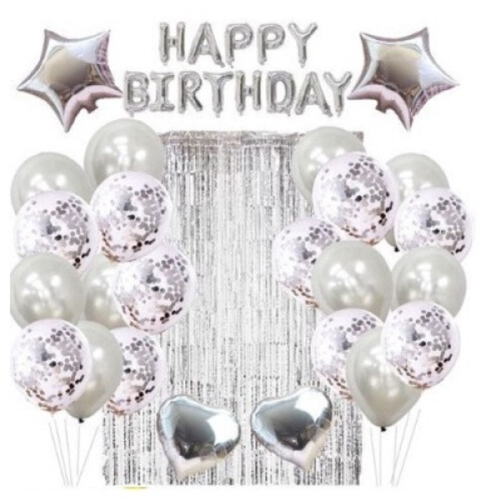 Комплект от 24 фолиеви и латексови балона, 10 обикновени латексови балона, 10 латексови балона с пайети, 4 фолиеви балона, панделка, перде 1х2 м, сребро