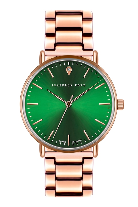 Isabella Ford, Ceas quartz cu 1 diamant, Auriu rose, Verde englez