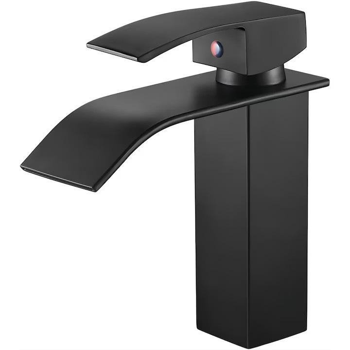 Едноръкохватков смесител за баня, черен, изработен от месинг, с въртящ се чучур, 180 мм, комплект от 2 маркуча G3/8