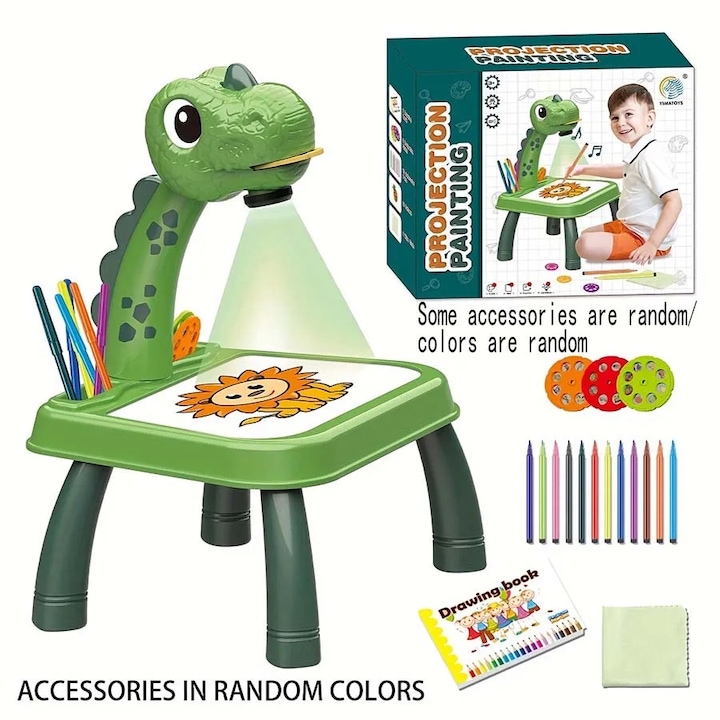 Set proiector de desen El Contente, unicorn/dinozaur, 24 modele, 12 markere, 1 caiet de desen