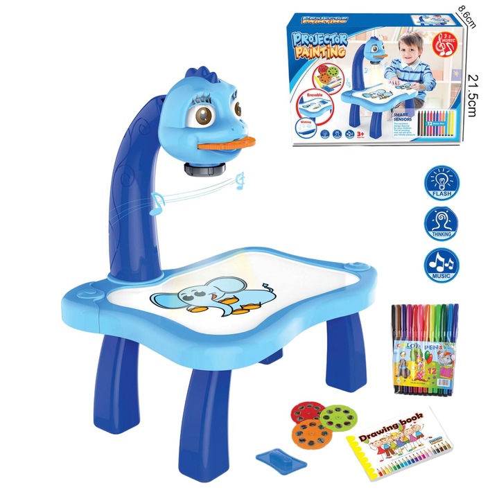 Set proiector de desen pentru copii, El Contente, 24 modele, albastru, include 3 diapozitive, muzica