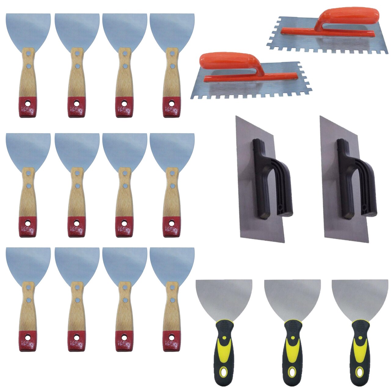Pachet - 12 x Spaclu 10cm, Maner din lemn + 3 x Spaclu 12.5 cm cu maner din plastic + 2 x Gletiera dreapta + 2 x Gletiera zimtata din metal
