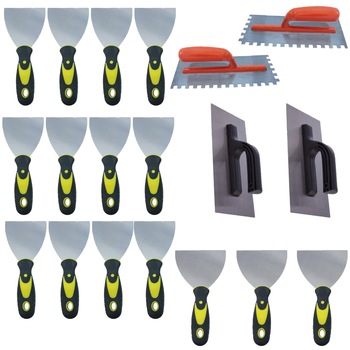 Pachet - 12 x Spaclu cu maner din plastic, 10cm+ 3 x Spaclu cu maner din plastic, 12.5cm + 2 x Gletiera dreapta + 2 x Gletiera zimtata din metal Pachet - 12 x Spaclu cu maner din plastic, 10cm+ 3 x Spaclu cu maner din plastic, 12.5cm + 2 x Gletiera dreapta + 2 x Gletiera zimtata din metal