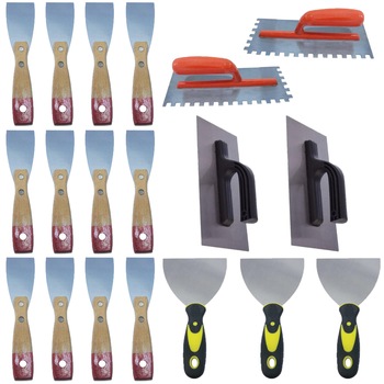 Pachet - 12 x Spaclu cu maner din lemn, 5cm + 3 x Spaclu cu maner din plastic, 12.5cm + 2 x Gletiera zimtata din metal + 2 x Drisca dreapta Pachet - 12 x Spaclu cu maner din lemn, 5cm + 3 x Spaclu cu maner din plastic, 12.5cm + 2 x Gletiera zimtata din metal + 2 x Drisca dreapta