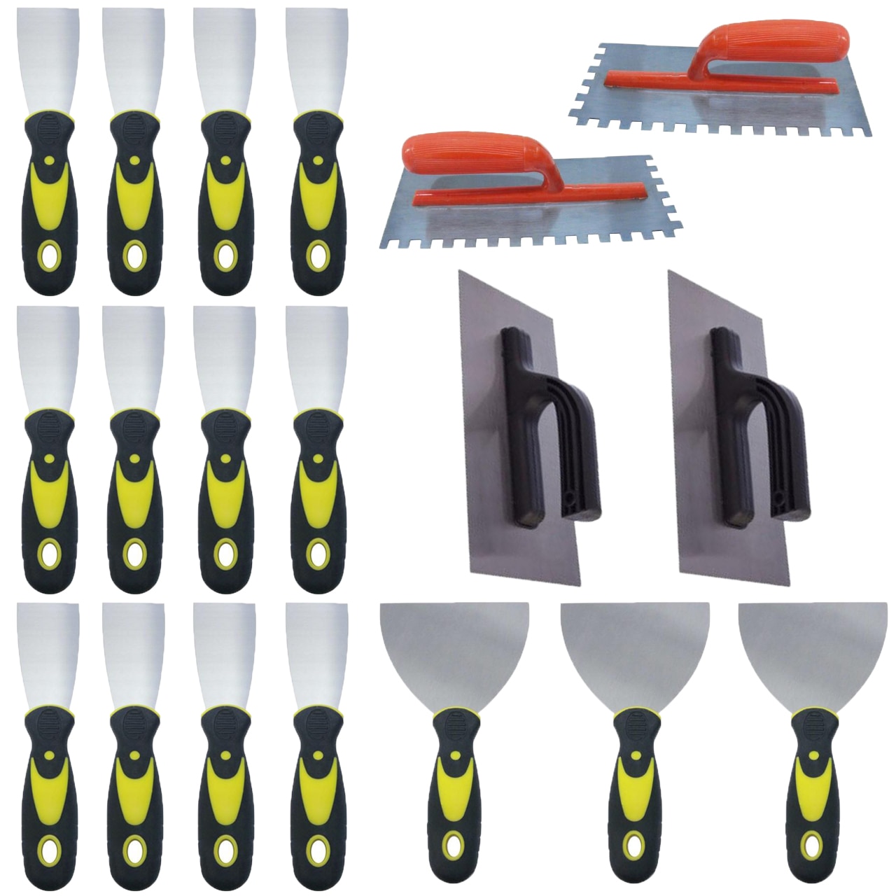 Pachet - 12 x Spaclu cu maner din plastic, 5cm + 3 x Spaclu cu maner din plastic, 12.5cm + 2 x Gletiera zimtata din metal + 2 x Drisca dreapta
