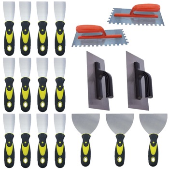 Pachet - 12 x Spaclu cu maner din plastic, 5cm + 3 x Spaclu cu maner din plastic, 12.5cm + 2 x Gletiera zimtata din metal + 2 x Drisca dreapta Pachet - 12 x Spaclu cu maner din plastic, 5cm + 3 x Spaclu cu maner din plastic, 12.5cm + 2 x Gletiera zimtata din metal + 2 x Drisca dreapta