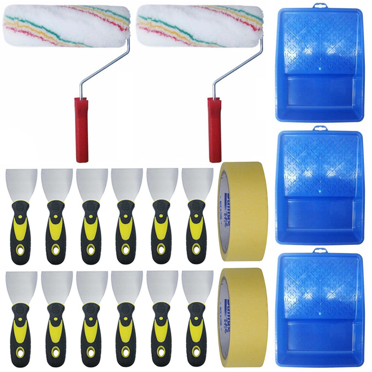 Pachet - 12 x Spaclu cu maner din plastic, 7.5cm + 2 x Trafalet blana, 25cm + 3 x Tava trafalet, 32cm + 2 x Scotch de hartie, 20m