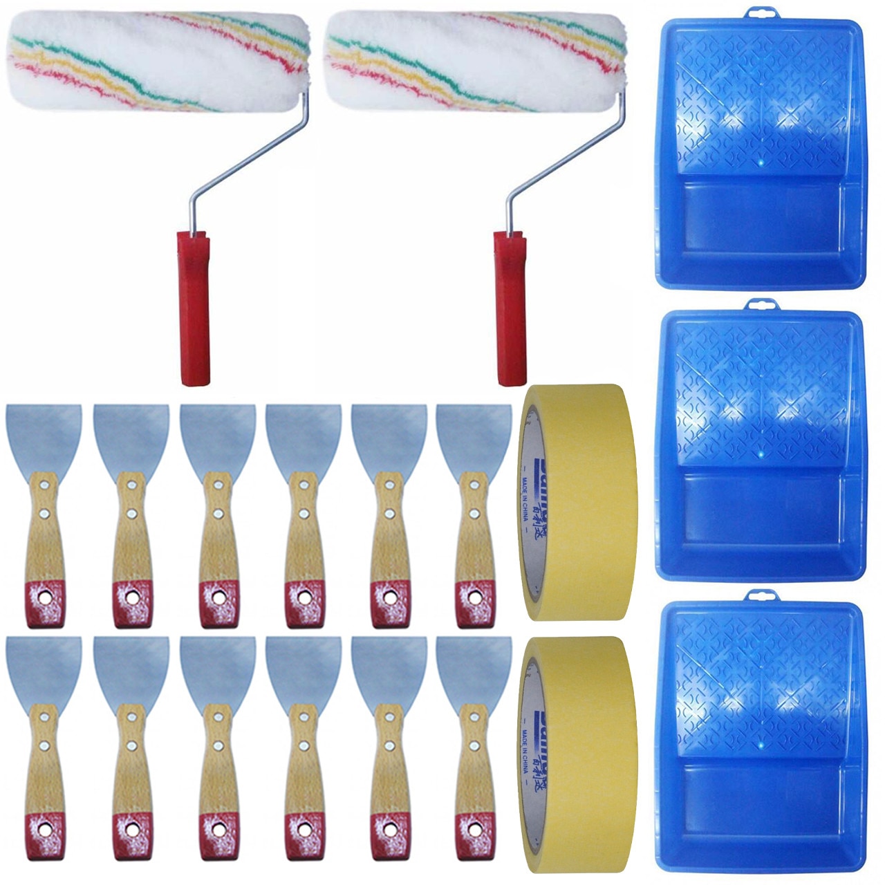 Pachet - 12 x Spaclu cu maner din lemn, 7.5cm + 2 x Trafalet blana, 25cm + 3 x Tava trafalet, 32cm + 2 x Scotch de hartie, 20m