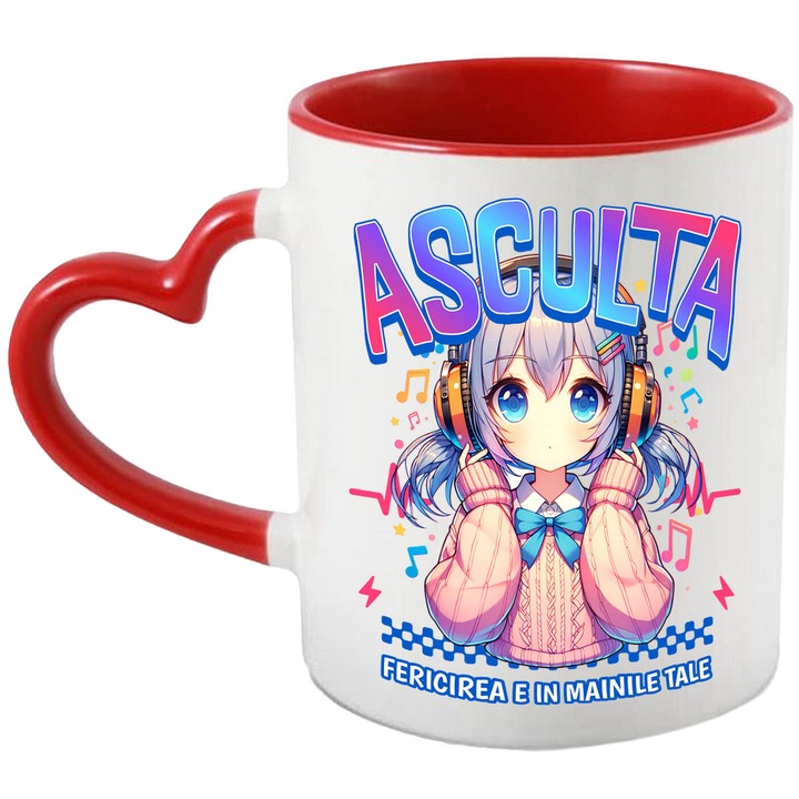 Cana cu Fata Stil Anime Cu Par Mov Casti Audio Text In Limba Romana Asculta Fericirea E In Mainile Tale, Ceramica, 330ML, cu Maner Inima Rosie