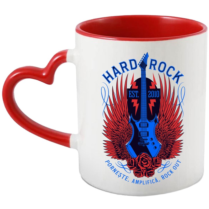 Cana cu Chitara Rock&Roll Aripi De Inger Trandafiri Rosii Text In Limba Romana Porneste Amplifica, Ceramica, 330ML, cu Maner Inima Rosie