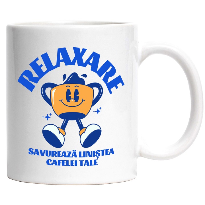 Cana cu Cana De Cafea Vesela Relaxata Text Savureaza Linistea Cafelei tale, Ceramica, 330ML, cu Maner Alb
