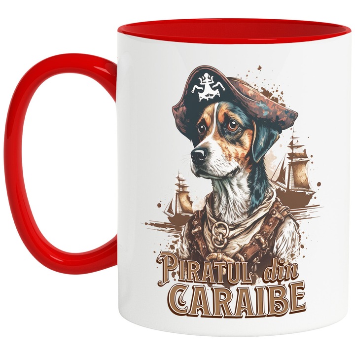 Bögre kutyaportréval, kalózkalappal, szöveges Karib-tenger kalózai, kerámia, 330 ml, piros fogantyúval