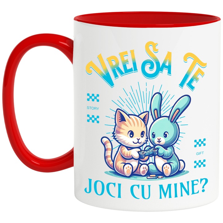 Cana cu Pereche Animale Pisica Portocalie Iepure Text Vrei Sa Te Joci Cu Mine, Desene Animate, Ceramica, 330ML, cu Maner Rosu