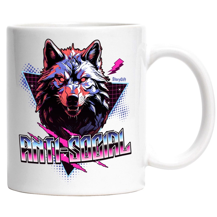 Cana cu Portret Animal Lup Furios Cu Colti Si Ochii Rosii Text Anti-social, Filme Horror, Ceramica, 330ML, cu Maner Alb