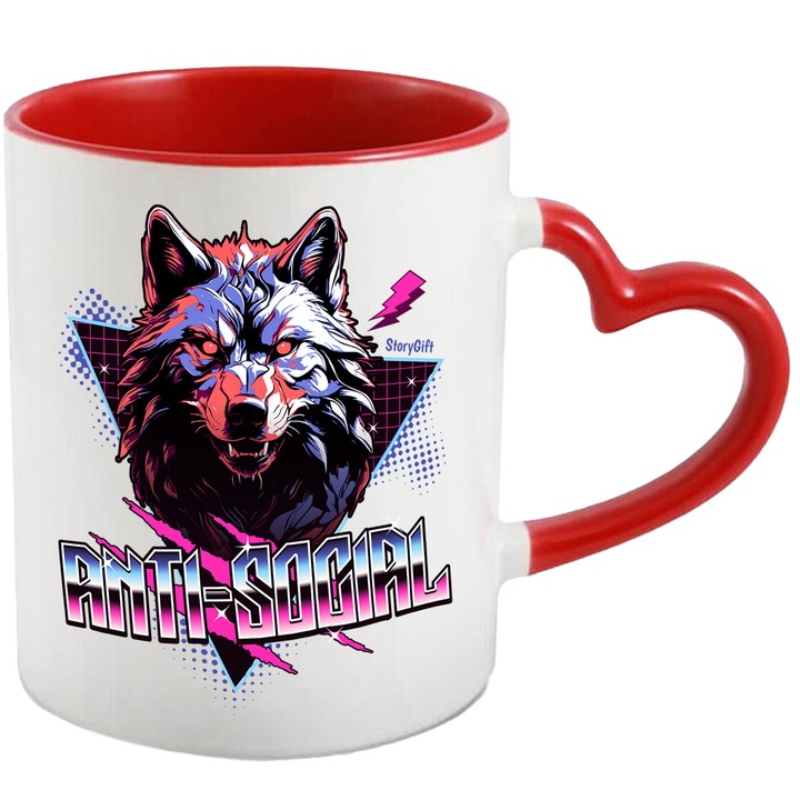 Cana cu Portret Animal Lup Furios Cu Colti Si Ochii Rosii Text Anti-social, Filme Horror, Ceramica, 330ML, cu Maner Inima Rosie