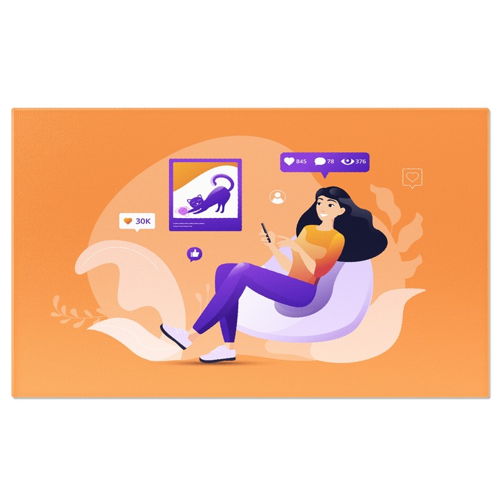 Tablou Canvas Dama care se uita la Postarea cu o Pisica cu Multe Vizualizari Comentarii si Aprecieri 140x90CM