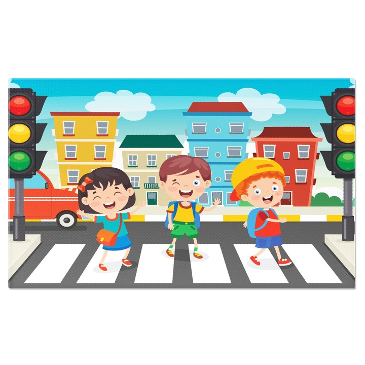 Картина на платно Зелен цвят на светофара, който децата виждат и щастливо пресичат улицата на пътека "Зебра" 140x90CM
