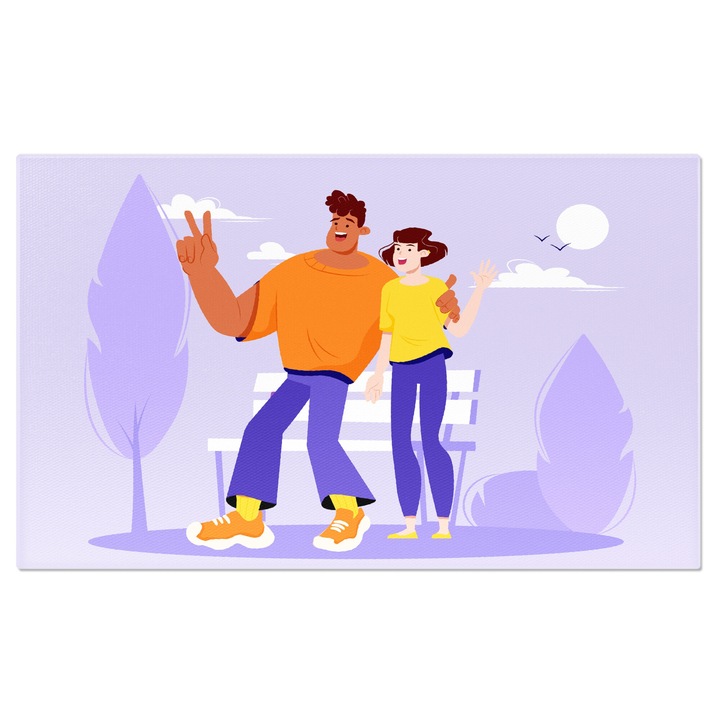 Tablou Canvas Barbat in Pulover Portocaliu Alaturi de Femeia in Tricou Galben fac o Poza cu Doua Degete Ridicate 40x25CM