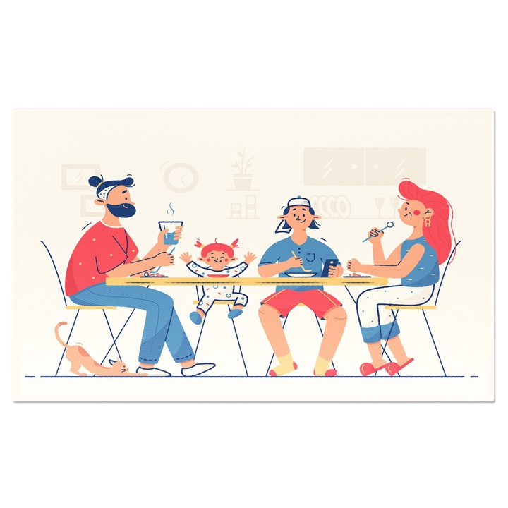 Картина на платно Семейна вечеря, Бебе и Big Brother с родители, които ядат заедно, Котка под масата 100x70CM