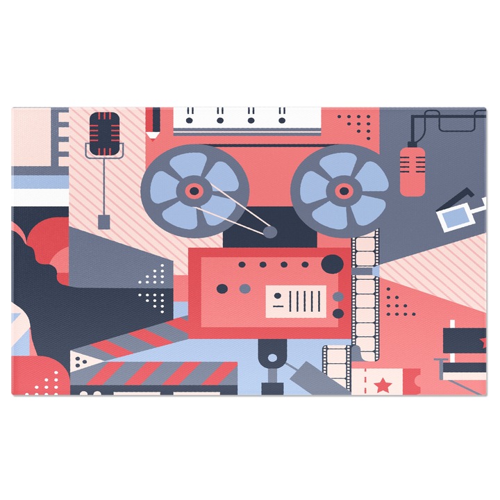 Tablou Canvas Vizionarea unui Film cu Ochelari 3D si Doi Tineri Indragostiti in Sala de Cinema cu Scaune Rosii 40x25CM