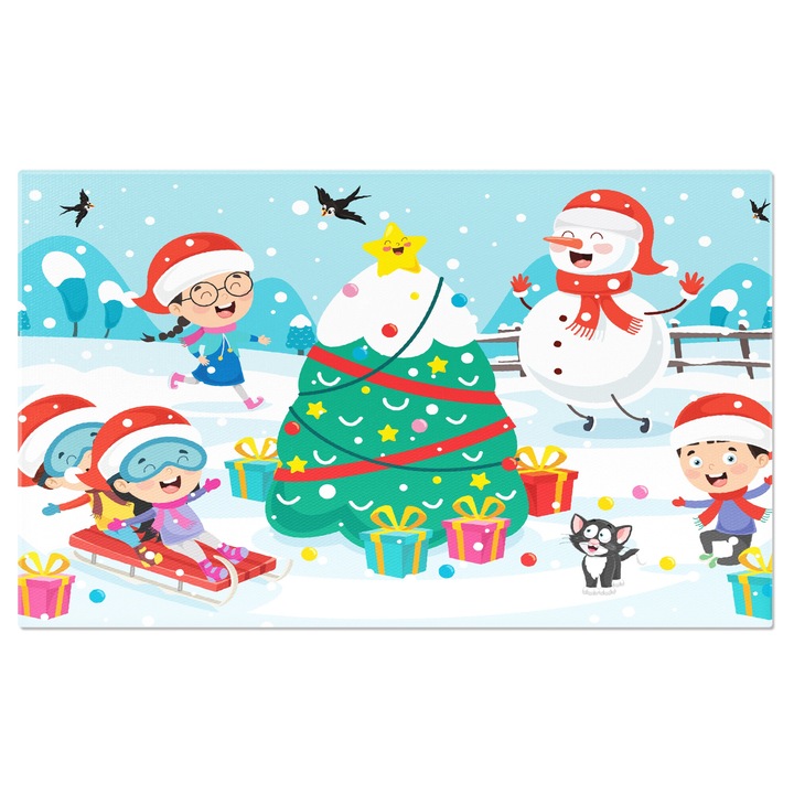 Tablou Canvas Bradul de Craciun Impodobit Frumos in Jurul carora se Joaca Copilasii Bucurosi si Omul de Zapada 40x25CM