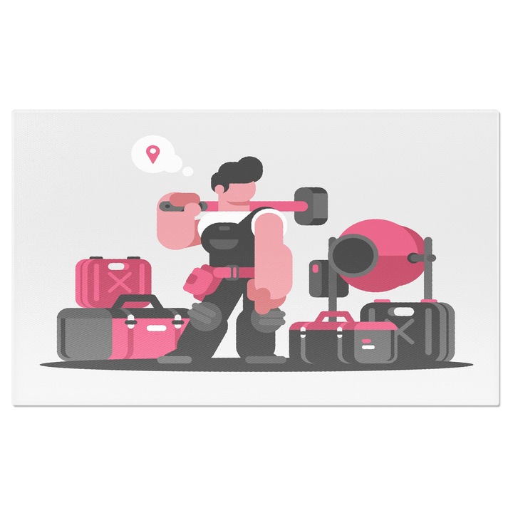 Tablou Canvas Muncitor Imbracat in Echipament Negru cu un Baros in Mana si o Betioniera si Truse cu Scule 70x50CM