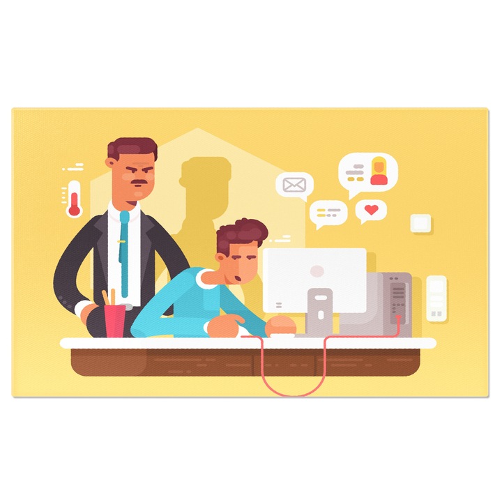 Картина на платно Човек в синя риза, работещ на компютър с ядосан шеф зад него, който го наблюдава, 90x60CM