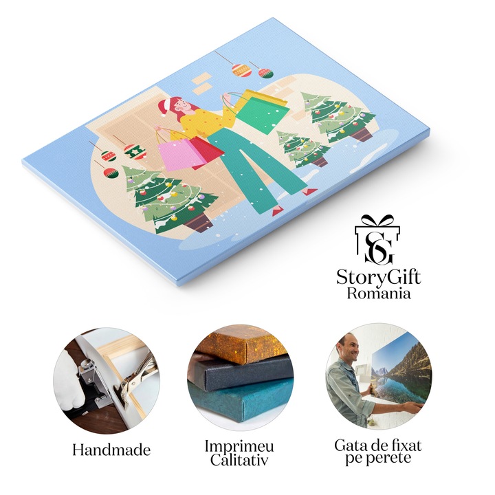 Картина на платно Коледно пазаруване, Жена с Червената шапчица и цветни торбички за подаръци в сняг 70x50CM