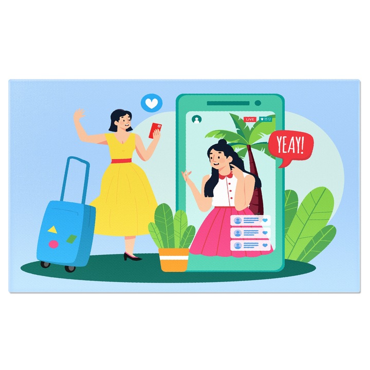 Tablou Canvas Dama in Rochie Galbena si Curea Rosie cu Troler Albastru se uita pe Telfon la Fata in Transmisiune live 40x25CM