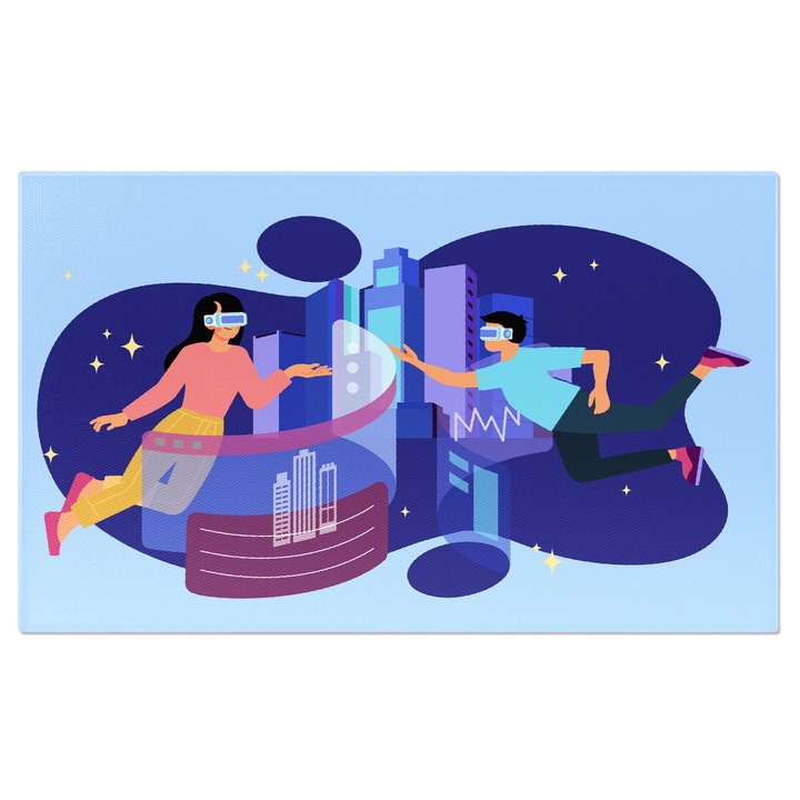 Tablou Canvas Fata Imbracata in Roz si Galben si Baiatul in Tricou Albastru Plutesc Deasupra Orasului 40x25CM