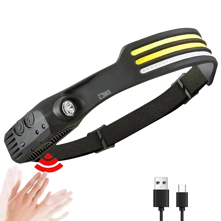 SIKS LED челник, 3 ленти, професионален, USB зареждане, 8 светлинни режима, включително режим на червен цвят, регулиране на затъмняването, 4 източника на светлина с висок интензитет, по избор, риболов, лов, работа, USB зареждане, W689-3, черен