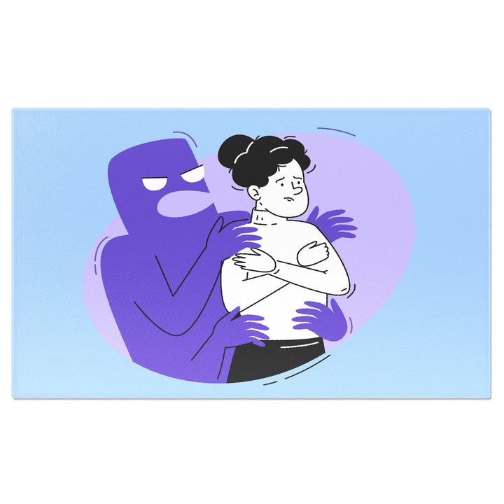 Tablou Canvas Singuratatea Ingrozitoare Invaluie Fata Suparata cu Parul Brunet, Monstrul Mov langa Fata 40x25CM