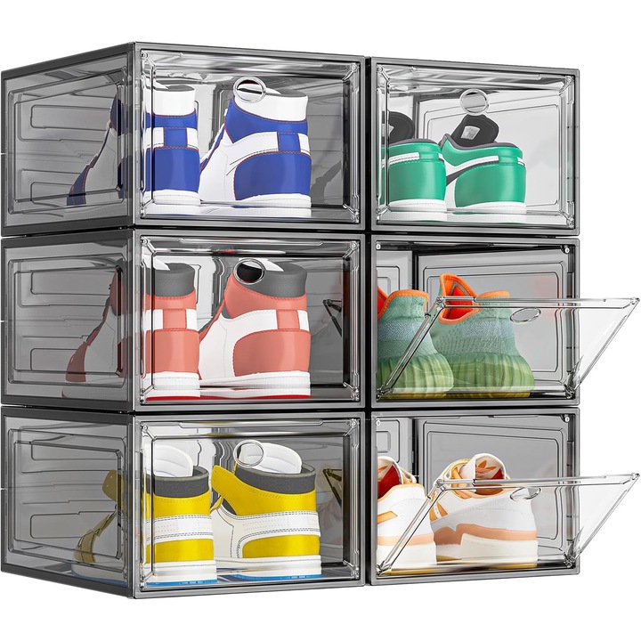 Set 6 Cutii Organizatoare Pantofi, Wacorresi, cu Posibilitatea Combina pentru Depozitare Incaltaminte, Plastic, Pliabile, 34x27x19cm, Negru
