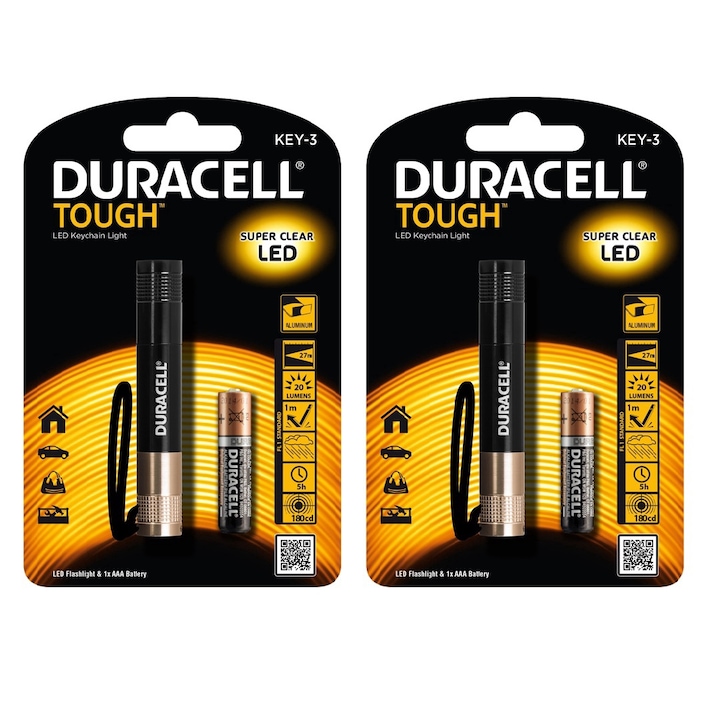 Set 2 Lanterne LED Duracell Tough Key-3, 20 Im, 1 x AAA, Aluminiu, Negru