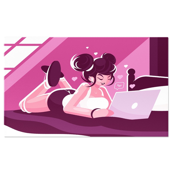Tablou Canvas Girl in Love care sta in Pat cu Laptop-ul in Fata Scriind Mesaje Iubitului cu Inimioare 40x25CM