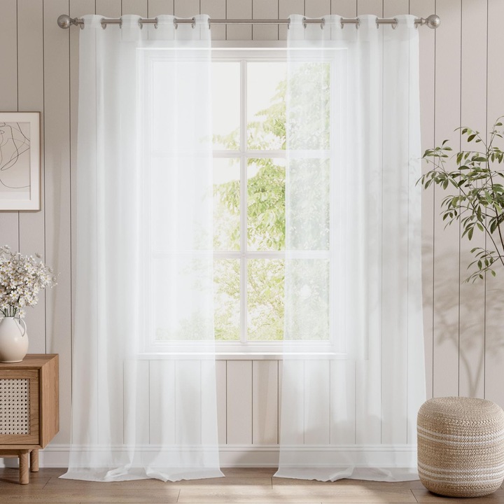 Perdele glisante brodate din dantela alba, semi-transparente cu ochiuri, set 2 bucati 140x260 cm