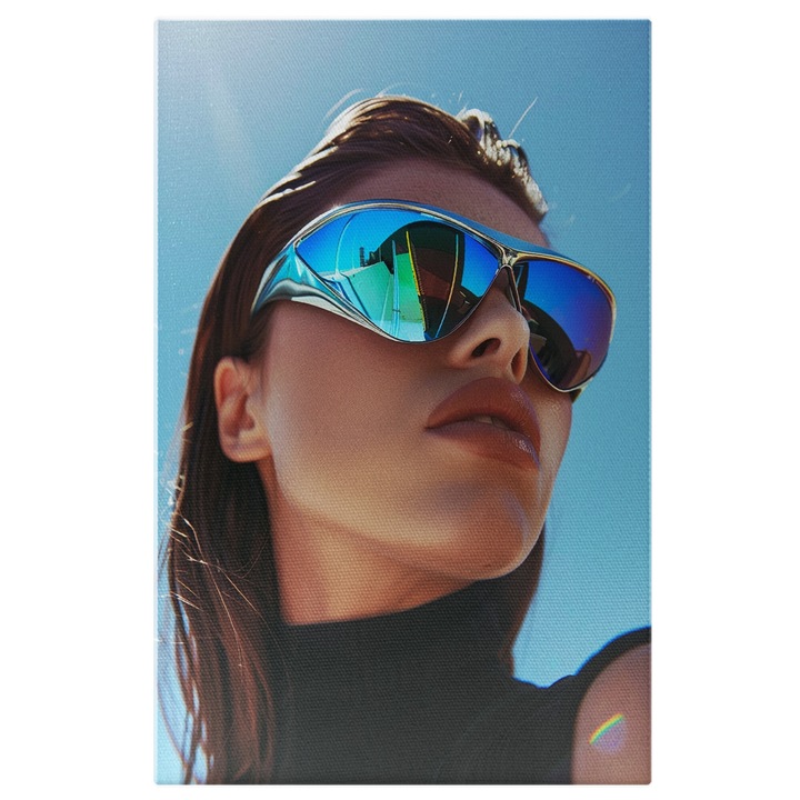 Tablou Canvas Dama cu Ochelari de Soare si Parul Scurt Saten cu Buzele Mari si Bluza Neagra pe Gat cu Umerii Goi, Pictura Digitala 40x25CM