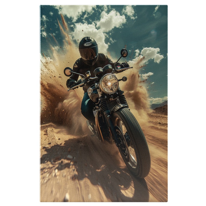 Tablou Canvas Motocicleta Neagra pe un Drum Pustiu Condusa cu Viteza de un Barbat Pasionat in Blugi si Jacheta, Pictura Digitala 100x70CM