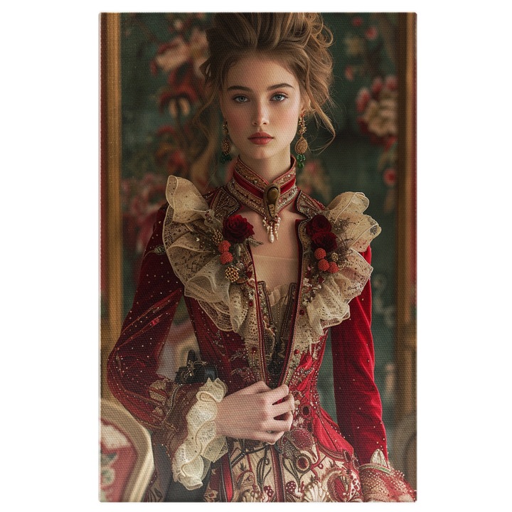 Tablou Canvas Domnita Tanara Blonda cu Cercei si Parul Blond Imbracata in Rochie Rosie cu Trandafiri, Pictura Digitala 100x70CM