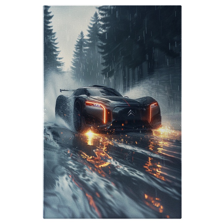 Tablou Canvas Masina Sport Citroen Survolt Masina de Viteza Neagra pe o Vreme Ploioasa langa Brazii Inalti, Pictura Digitala 40x25CM