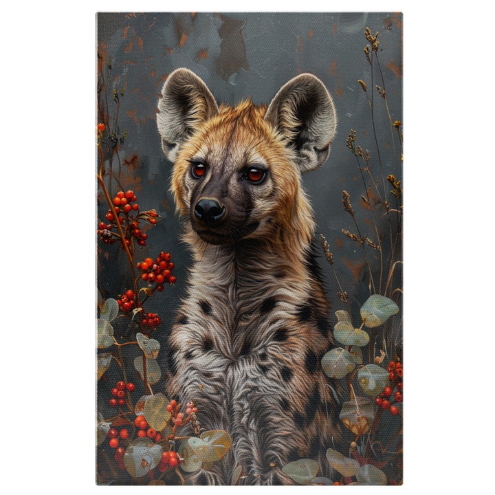 Tablou Canvas Hiena Pui cu Ochii Rosi si Blana Gri-Maronie cu Pete Negre Sta Cuminte langa Peretele Gri, Pictura Digitala 40x25CM