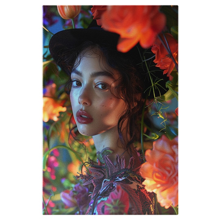 Tablou Canvas Innocent Girl cu Chipul Luminos si Ochii Caprui cu Parul Saten si Palarie Neagra in Rochie Inflorata, Pictura Digitala 100x70CM